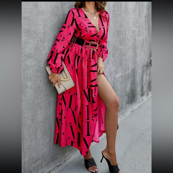 Letter Print Split Thigh Belted, Elegant V Neck High Waist Pleated Maxi Dress - Picture 7 of 11